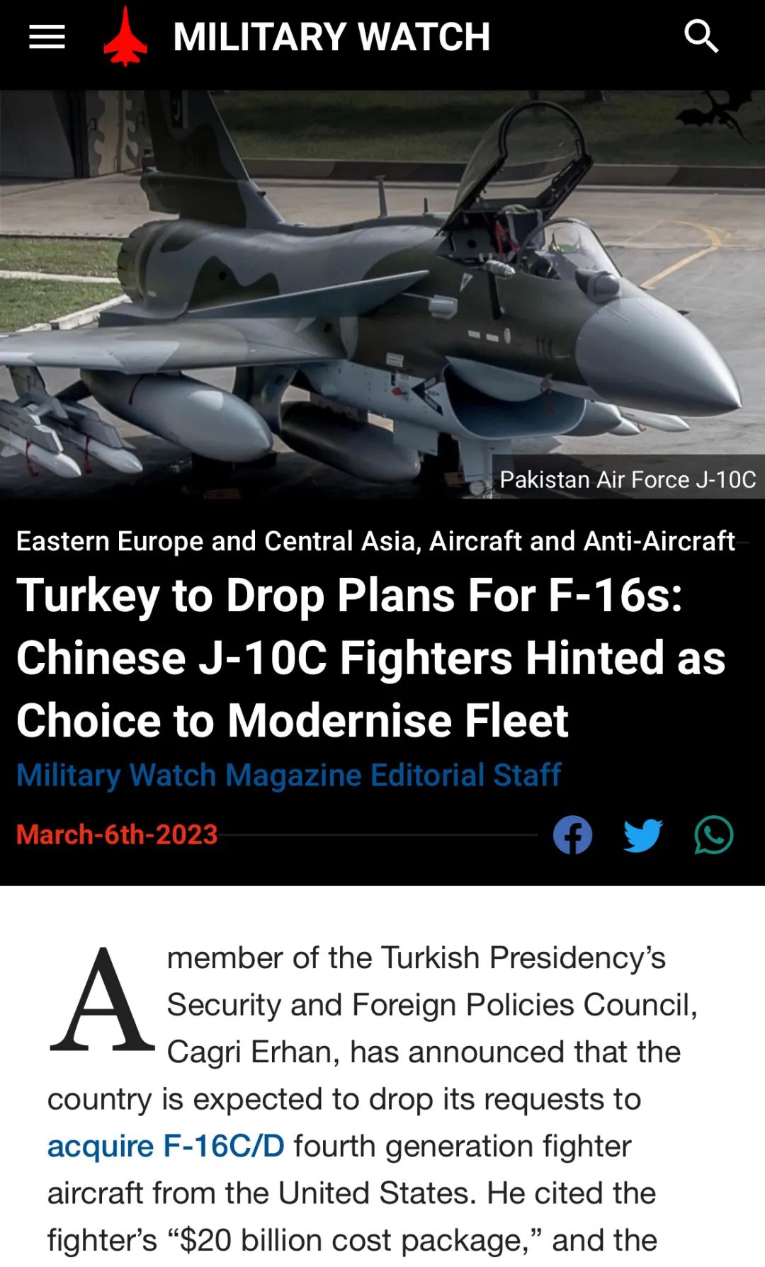 土耳其有意采购歼-10C！反复横跳彻底得罪美俄