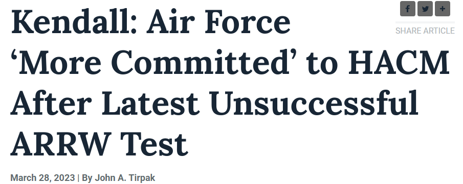 被中俄碾压，美国人怂了？美空军部长承认高超试射失败，项目下马或不远了